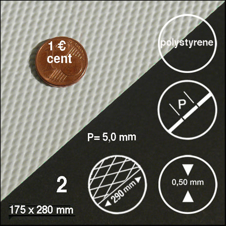 CHEQUERED PLATE, DIAMOND, H = 1,0 MM WHITE / N/A / 175 x 290 x 0.5 MM